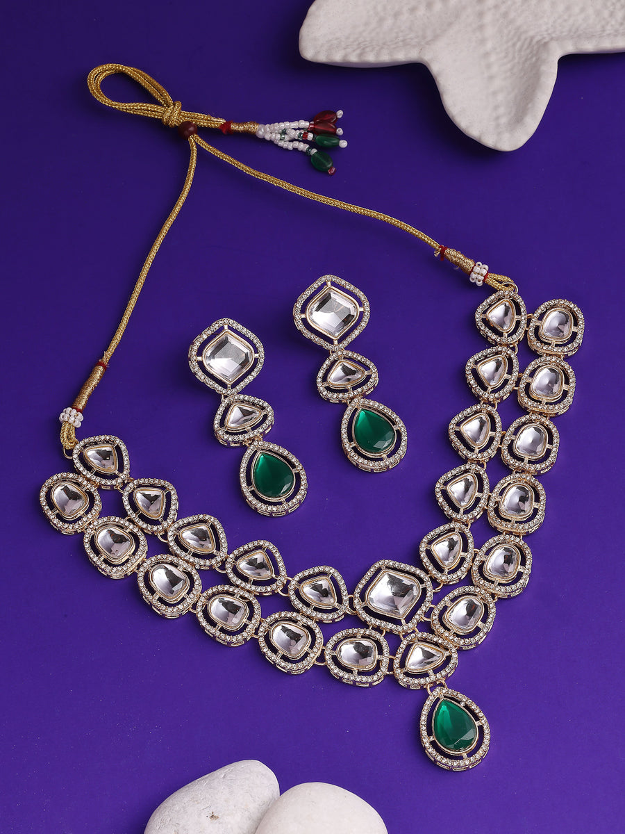 Sukkhi Ornamental Gold Plated AD Stones Studded Choker Necklace Set with Drop Earrings Jewellery for Women & Girls|Jewellery for Party, Wedding, and Festive Occasions for Women|NS107546