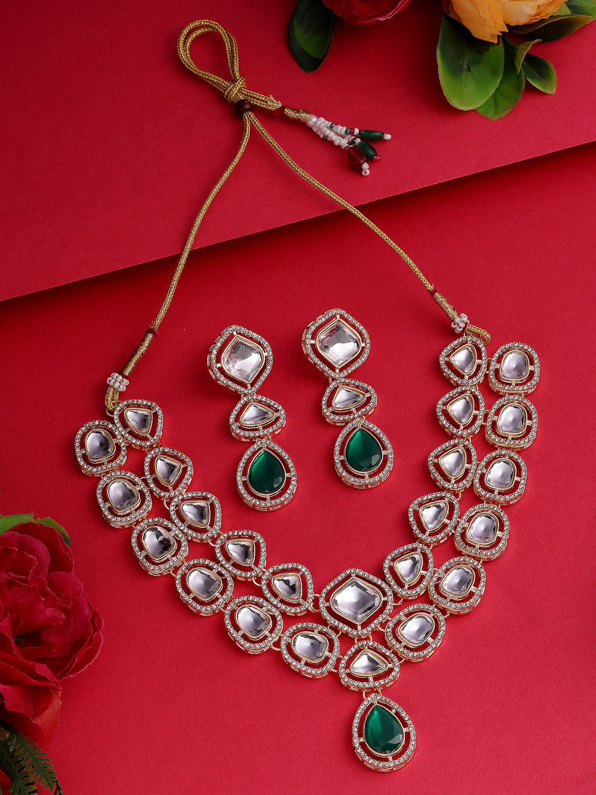 Sukkhi Ornamental Gold Plated AD Stones Studded Choker Necklace Set with Drop Earrings Jewellery for Women & Girls|Jewellery for Party, Wedding, and Festive Occasions for Women|NS107546