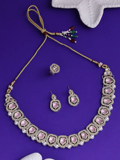 Sukkhi Modern Stylish Gold Plated AD Stones Studded Pink Choker Necklace Set with Drop Earrings Jewellery for Women & Girls|Jewellery for Party, Wedding, and Festive Occasions for Women|NS107547