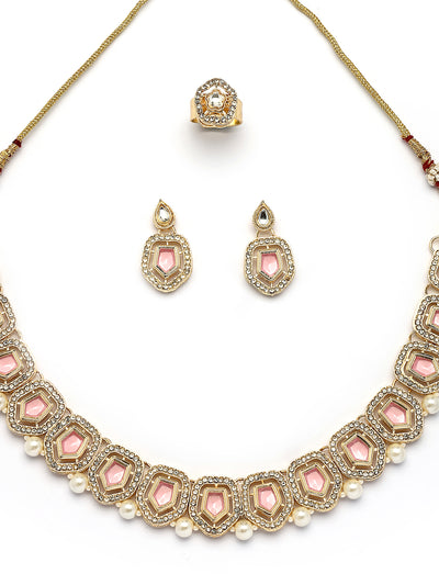 Sukkhi Modern Stylish Gold Plated AD Stones Studded Pink Choker Necklace Set with Drop Earrings Jewellery for Women & Girls|Jewellery for Party, Wedding, and Festive Occasions for Women|NS107547