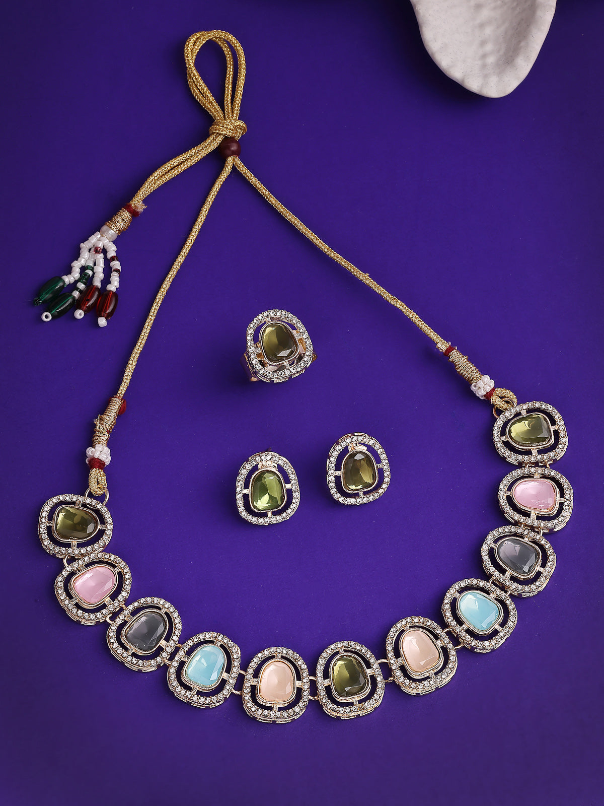 Sukkhi Iconic Gold Plated AD Stones Studded Multicolor Choker Necklace Set with Studs Earrings & Ring Jewellery for Women & Girls|Jewellery for Party, Wedding, and Festive Occasions for Women|NS107548