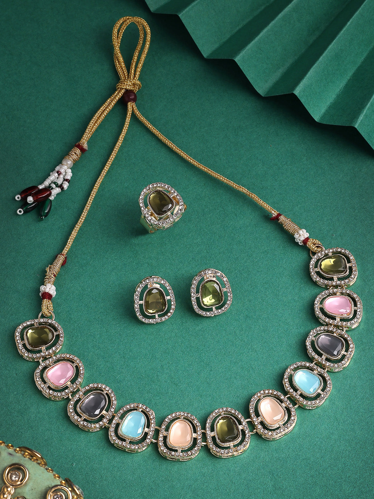 Sukkhi Iconic Gold Plated AD Stones Studded Multicolor Choker Necklace Set with Studs Earrings & Ring Jewellery for Women & Girls|Jewellery for Party, Wedding, and Festive Occasions for Women|NS107548
