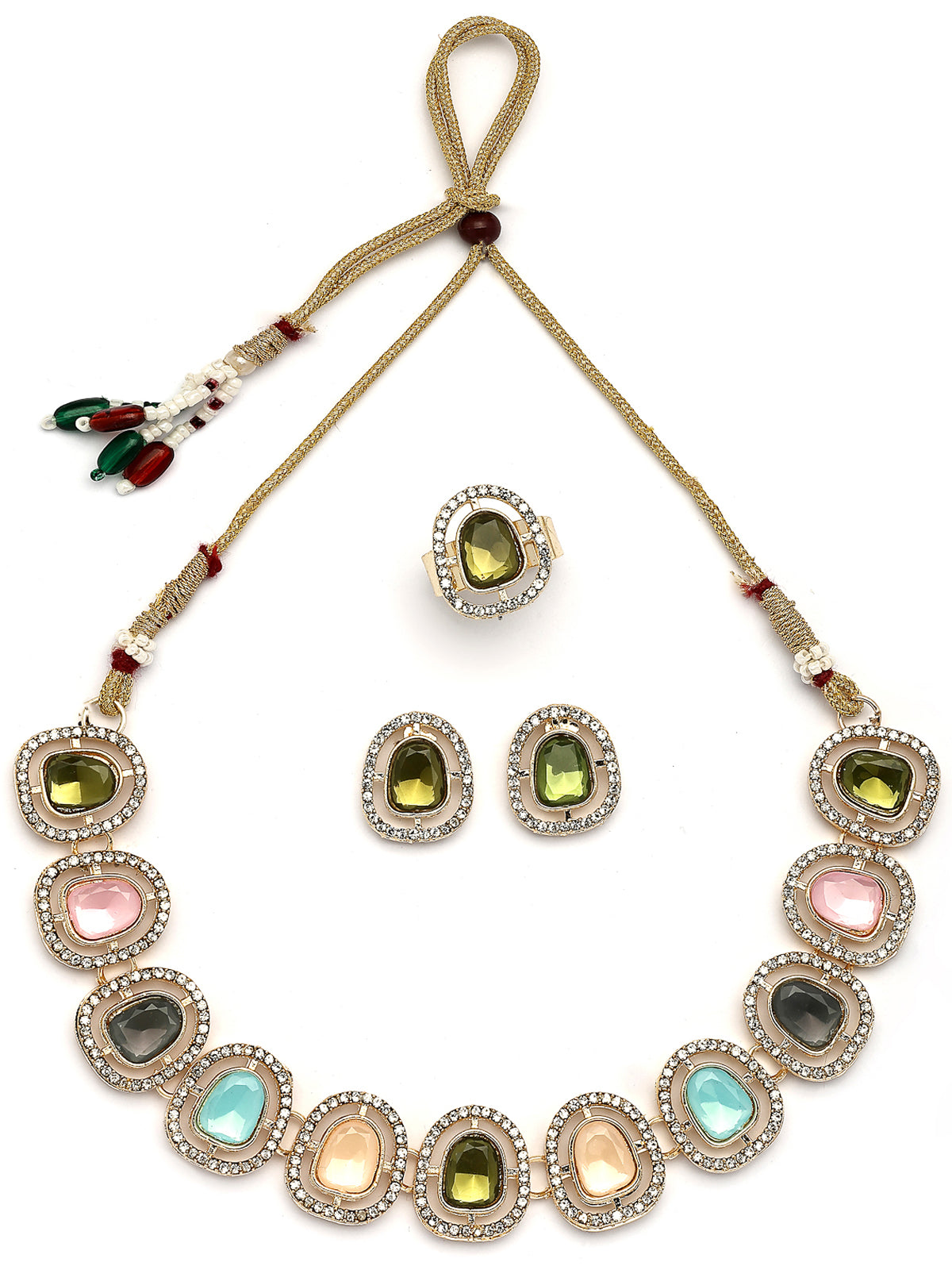 Sukkhi Iconic Gold Plated AD Stones Studded Multicolor Choker Necklace Set with Studs Earrings & Ring Jewellery for Women & Girls|Jewellery for Party, Wedding, and Festive Occasions for Women|NS107548