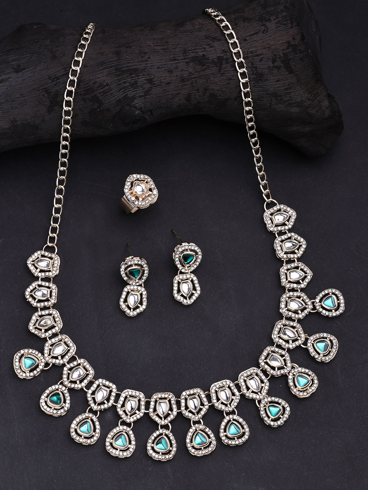 Sukkhi Lavish Gold Plated AD Stones Studded Green Choker Necklace Set with Studs Earrings & Ring Jewellery for Women & Girls|Jewellery for Party, Wedding, and Festive Occasions for Women|NS107549