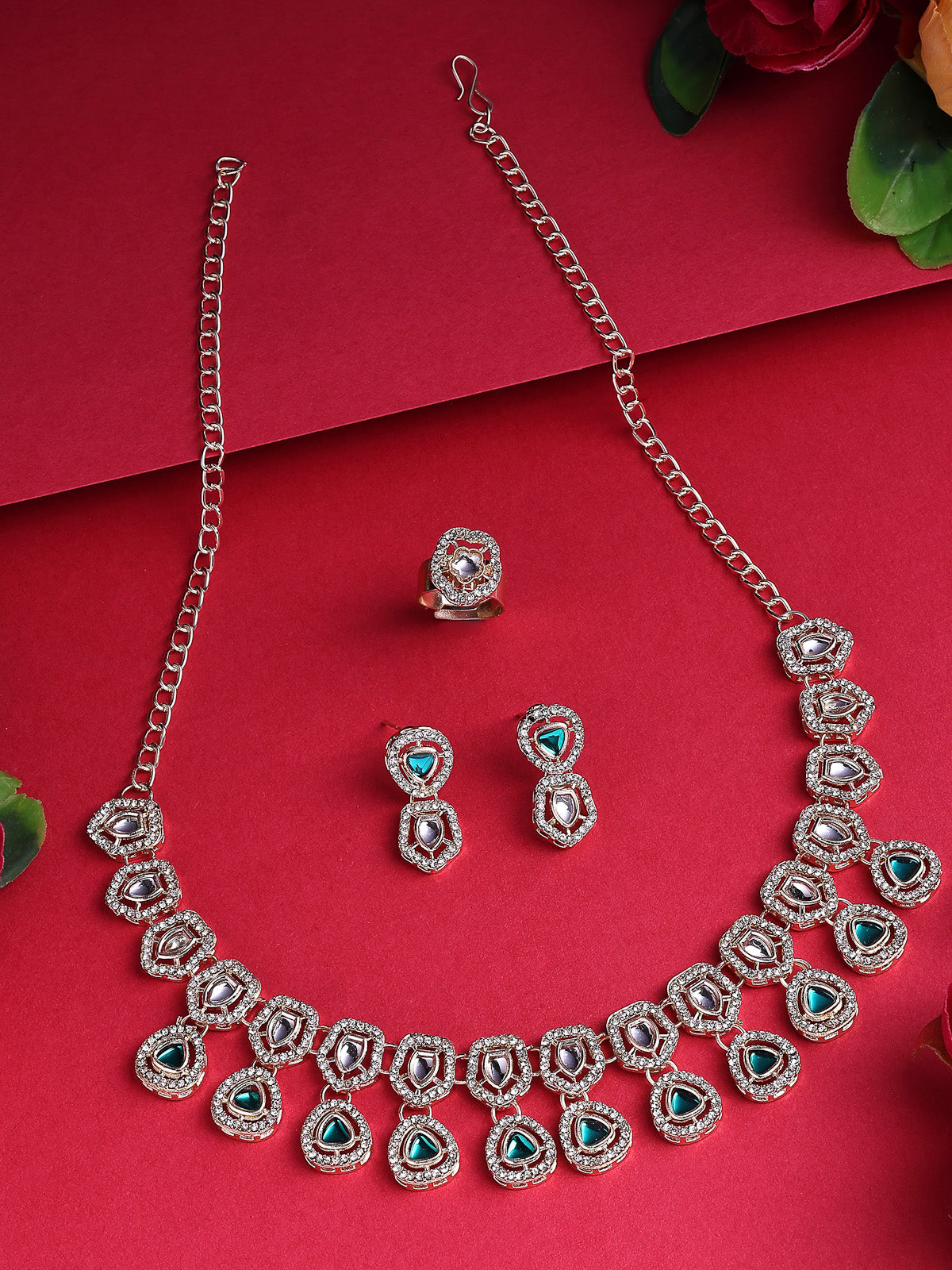 Sukkhi Lavish Gold Plated AD Stones Studded Green Choker Necklace Set with Studs Earrings & Ring Jewellery for Women & Girls|Jewellery for Party, Wedding, and Festive Occasions for Women|NS107549