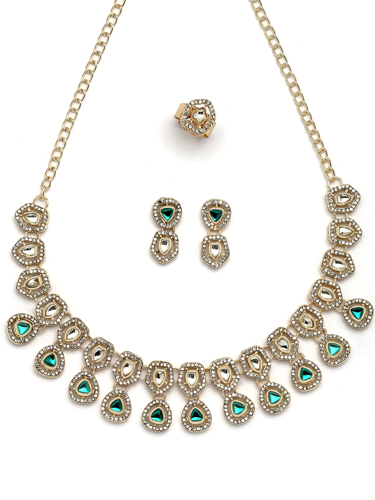 Sukkhi Lavish Gold Plated AD Stones Studded Green Choker Necklace Set with Studs Earrings & Ring Jewellery for Women & Girls|Jewellery for Party, Wedding, and Festive Occasions for Women|NS107549