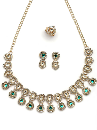 Sukkhi Lavish Gold Plated AD Stones Studded Green Choker Necklace Set with Studs Earrings & Ring Jewellery for Women & Girls|Jewellery for Party, Wedding, and Festive Occasions for Women|NS107549