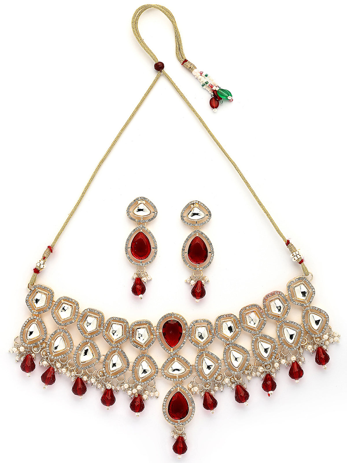 Sukkhi Latest Stylish Gold Plated AD Stones & Beads Studded Red Choker Necklace Set with Drop Earrings Jewellery for Women & Girls|Jewellery for Party, Wedding, and Festive Occasions for Women|NS107551
