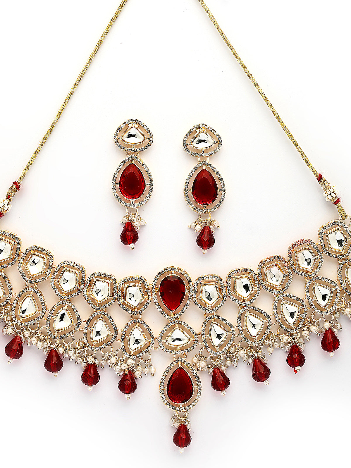 Sukkhi Latest Stylish Gold Plated AD Stones & Beads Studded Red Choker Necklace Set with Drop Earrings Jewellery for Women & Girls|Jewellery for Party, Wedding, and Festive Occasions for Women|NS107551
