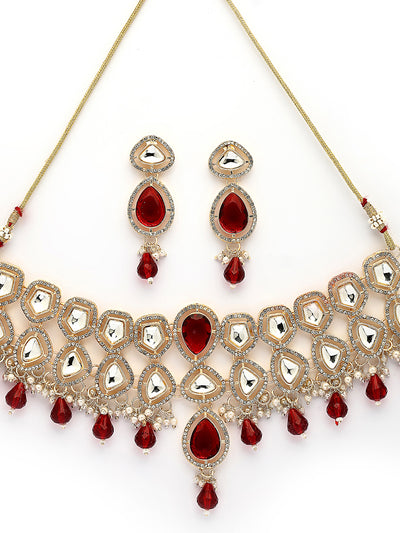 Sukkhi Latest Stylish Gold Plated AD Stones & Beads Studded Red Choker Necklace Set with Drop Earrings Jewellery for Women & Girls|Jewellery for Party, Wedding, and Festive Occasions for Women|NS107551