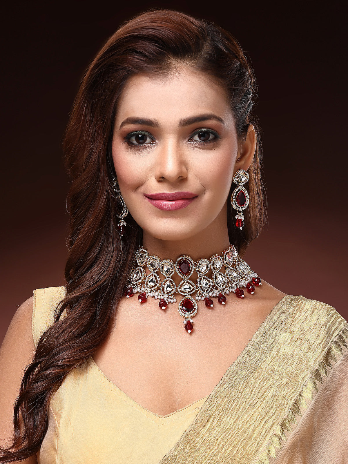 Sukkhi Latest Stylish Gold Plated AD Stones & Beads Studded Red Choker Necklace Set with Drop Earrings Jewellery for Women & Girls|Jewellery for Party, Wedding, and Festive Occasions for Women|NS107551