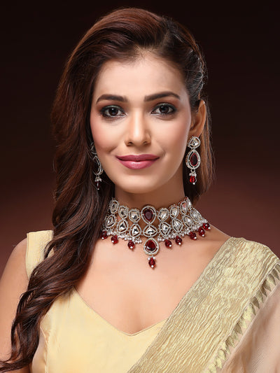 Sukkhi Latest Stylish Gold Plated AD Stones & Beads Studded Red Choker Necklace Set with Drop Earrings Jewellery for Women & Girls|Jewellery for Party, Wedding, and Festive Occasions for Women|NS107551