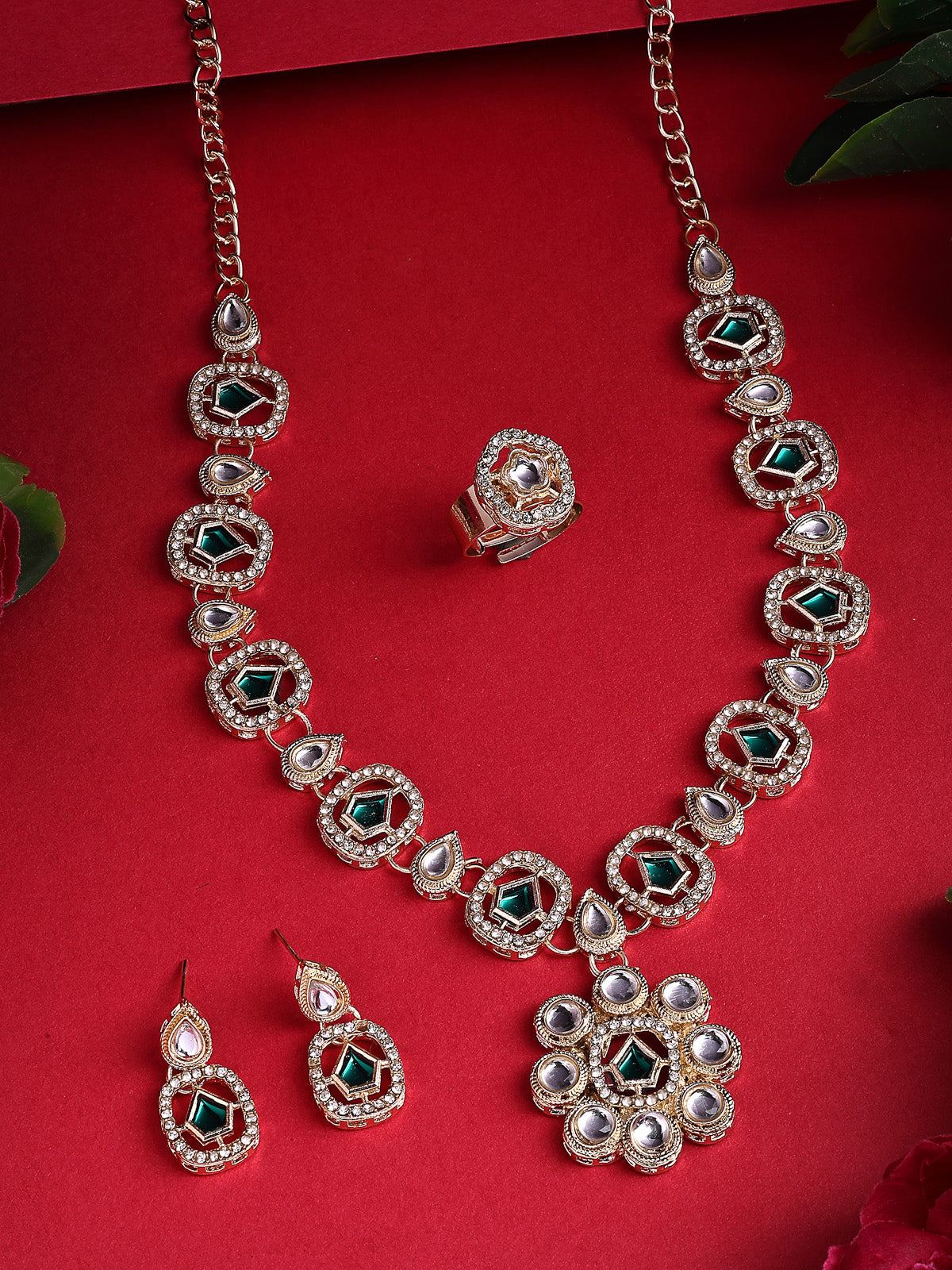 Sukkhi Eye Catchy Gold Plated AD Stones Studded Choker Necklace set with Studs Earrings & Ring Jewellery for Women & Girls|Jewellery for Party, Wedding, and Festive Occasions for Women|NS107552