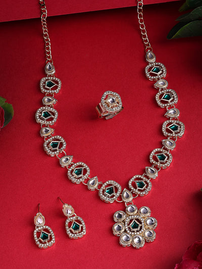 Sukkhi Eye Catchy Gold Plated AD Stones Studded Choker Necklace set with Studs Earrings & Ring Jewellery for Women & Girls|Jewellery for Party, Wedding, and Festive Occasions for Women|NS107552