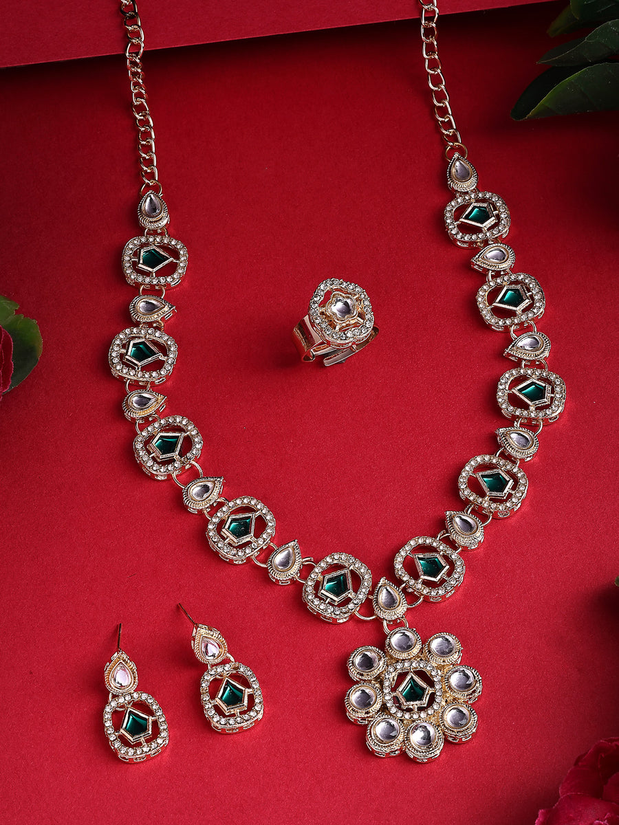 Sukkhi Eye Catchy Gold Plated AD Stones Studded Choker Necklace set with Studs Earrings & Ring Jewellery for Women & Girls|Jewellery for Party, Wedding, and Festive Occasions for Women|NS107552