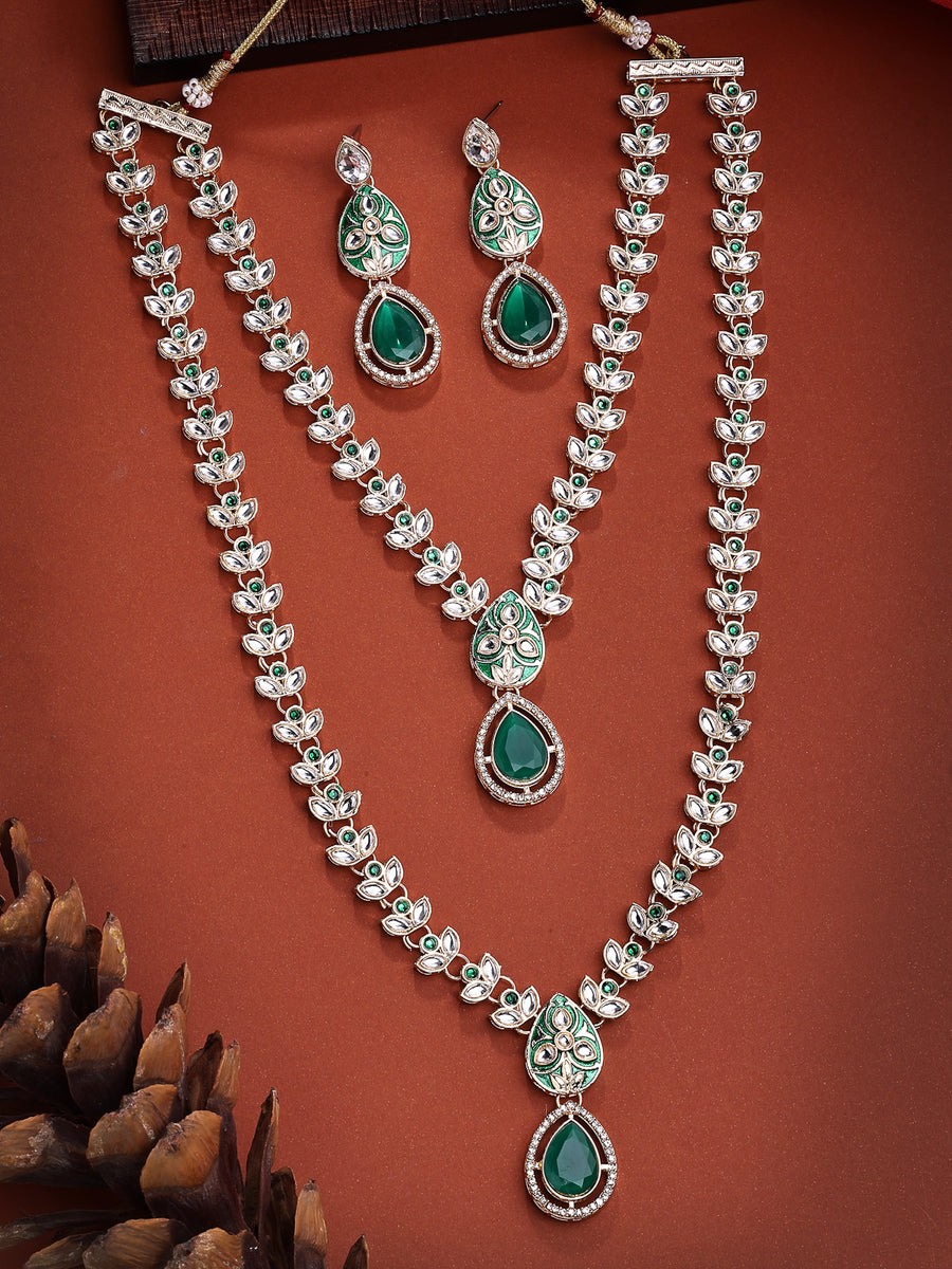 Sukkhi Impressive Gold Plated AD Stones Studded Green Layer Choker Necklace Set with Drop Earrings Jewellery for Women & Girls|Jewellery for Party, Wedding, and Festive Occasions for Women|NS107556