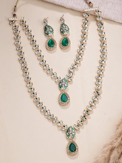 Sukkhi Impressive Gold Plated AD Stones Studded Green Layer Choker Necklace Set with Drop Earrings Jewellery for Women & Girls|Jewellery for Party, Wedding, and Festive Occasions for Women|NS107556