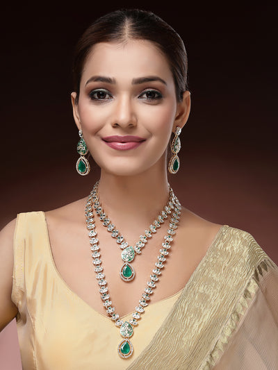 Sukkhi Impressive Gold Plated AD Stones Studded Green Layer Choker Necklace Set with Drop Earrings Jewellery for Women & Girls|Jewellery for Party, Wedding, and Festive Occasions for Women|NS107556