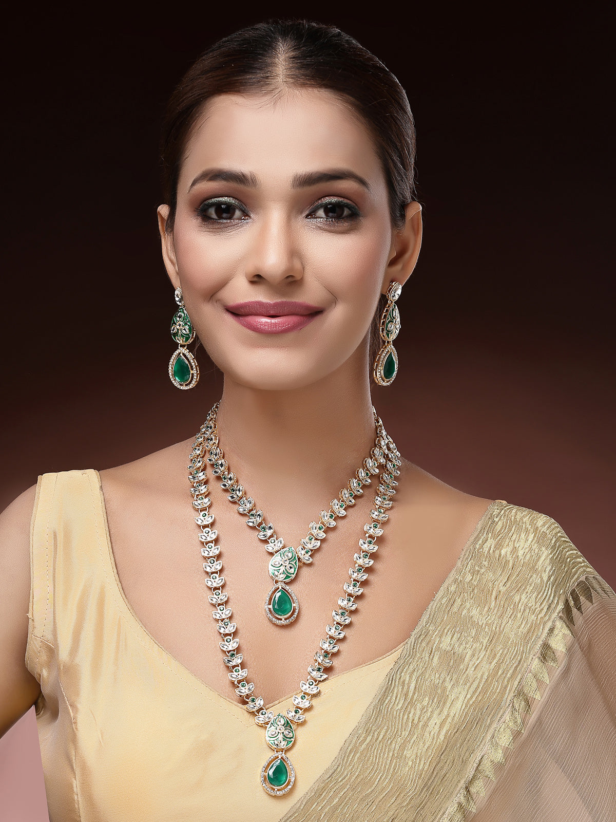 Sukkhi Impressive Gold Plated AD Stones Studded Green Layer Choker Necklace Set with Drop Earrings Jewellery for Women & Girls|Jewellery for Party, Wedding, and Festive Occasions for Women|NS107556