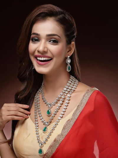 Sukkhi Stunning Gold Plated AD Stones Green Multi Layer Choker Necklace Set with Drop Earrings Jewellery for Women & Girls|Jewellery for Party, Wedding, and Festive Occasions for Women|NS107557