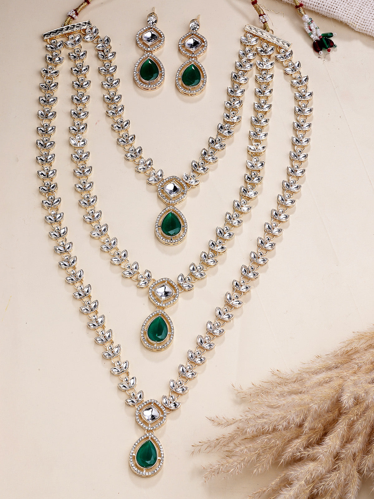 Sukkhi Stunning Gold Plated AD Stones Green Multi Layer Choker Necklace Set with Drop Earrings Jewellery for Women & Girls|Jewellery for Party, Wedding, and Festive Occasions for Women|NS107557