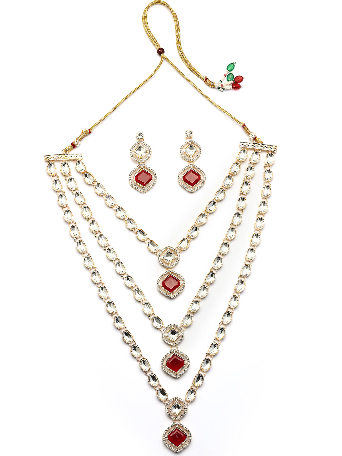 Sukkhi Stunning Gold Plated AD Stones Studded Red Multi Layer Choker Necklace Set with Drop Earrings Jewellery for Women & Girls|Jewellery for Party, Wedding, and Festive Occasions for Women|NS107558