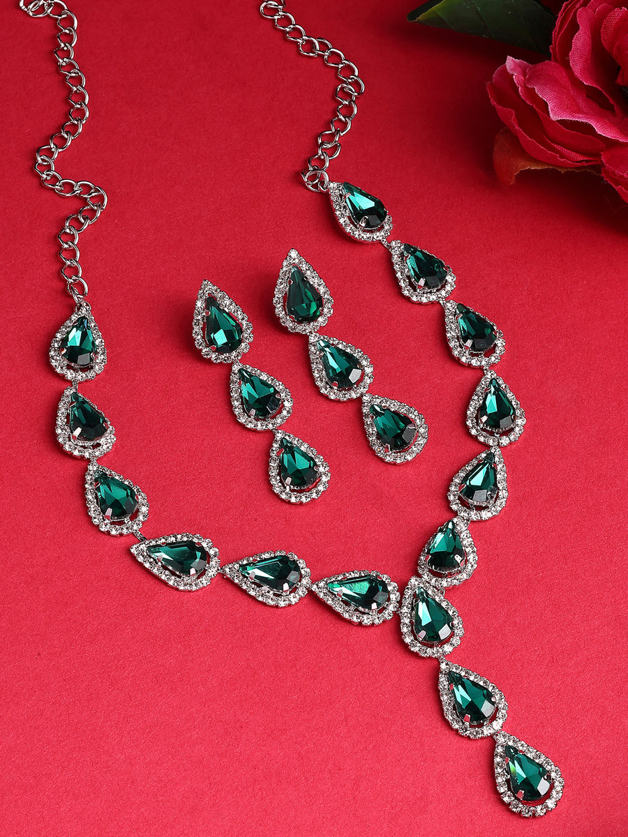 Sukkhi Pear Shaped with Gold Plated AD Stones Studded Green Choker Necklace Set with Drop Earrings Jewellery for Women & Girls|Jewellery for Party, Wedding, and Festive Occasions for Women|NS107560