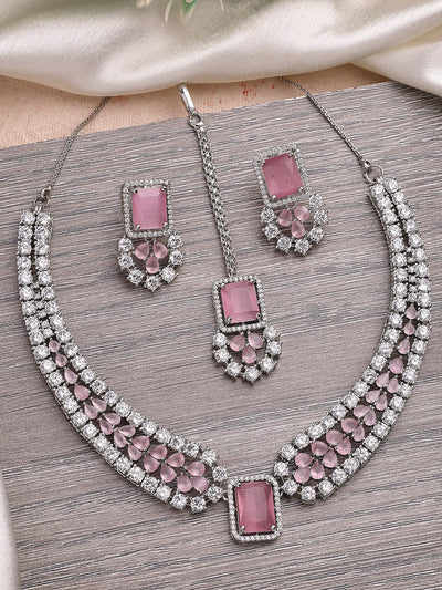 Sukkhi Preety Pink Stylish Rhodium Plated Cubic Zirconia Diamond Studded Brass Collar Necklace with Studs Earring & Maangtikka Jewellery Set for Women|Latest Stylish Gifts for All Occasions|NS115974
