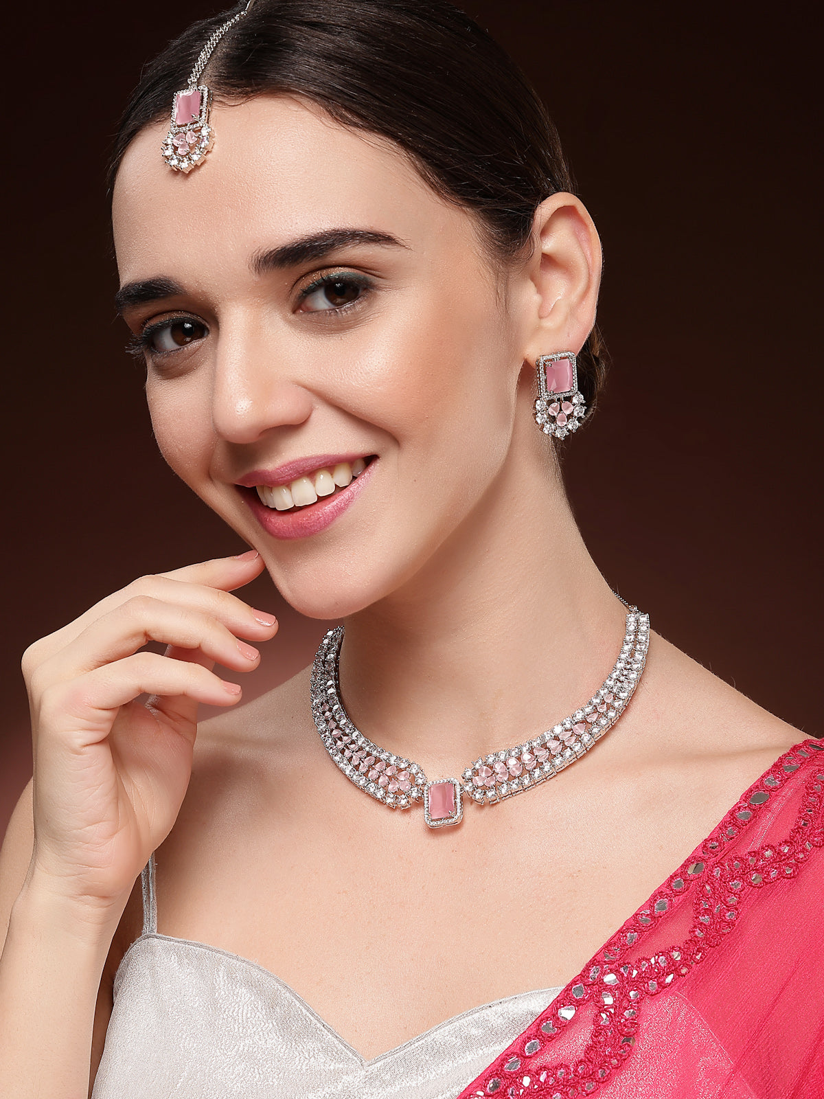 Sukkhi Preety Pink Stylish Rhodium Plated Cubic Zirconia Diamond Studded Brass Collar Necklace with Studs Earring & Maangtikka Jewellery Set for Women|Latest Stylish Gifts for All Occasions|NS115974