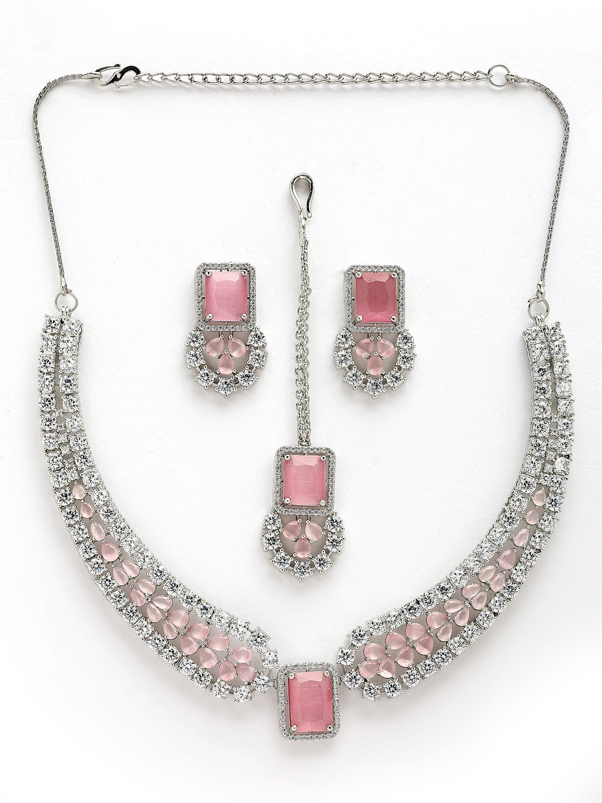Sukkhi Preety Pink Stylish Rhodium Plated Cubic Zirconia Diamond Studded Brass Collar Necklace with Studs Earring & Maangtikka Jewellery Set for Women|Latest Stylish Gifts for All Occasions|NS115974