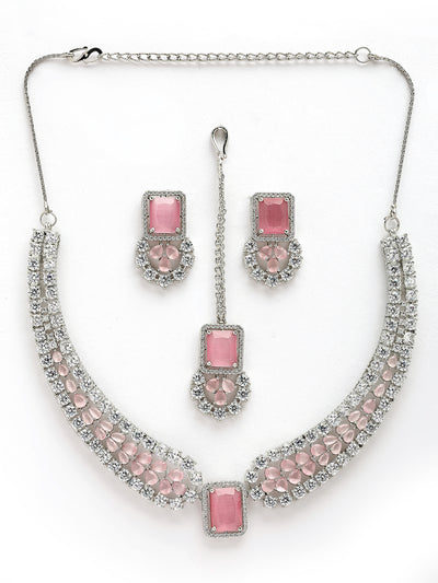 Sukkhi Preety Pink Stylish Rhodium Plated Cubic Zirconia Diamond Studded Brass Collar Necklace with Studs Earring & Maangtikka Jewellery Set for Women|Latest Stylish Gifts for All Occasions|NS115974
