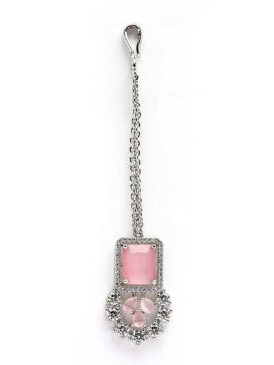 Sukkhi Preety Pink Stylish Rhodium Plated Cubic Zirconia Diamond Studded Brass Collar Necklace with Studs Earring & Maangtikka Jewellery Set for Women|Latest Stylish Gifts for All Occasions|NS115974