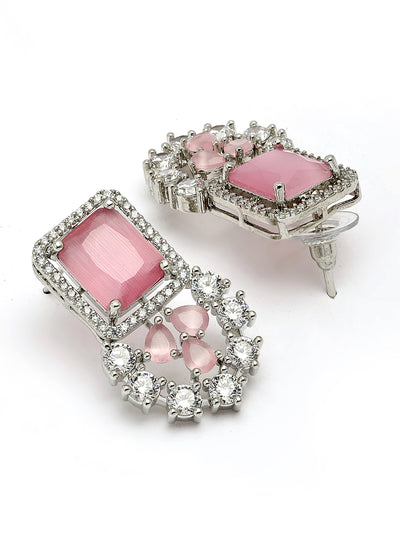 Sukkhi Preety Pink Stylish Rhodium Plated Cubic Zirconia Diamond Studded Brass Collar Necklace with Studs Earring & Maangtikka Jewellery Set for Women|Latest Stylish Gifts for All Occasions|NS115974