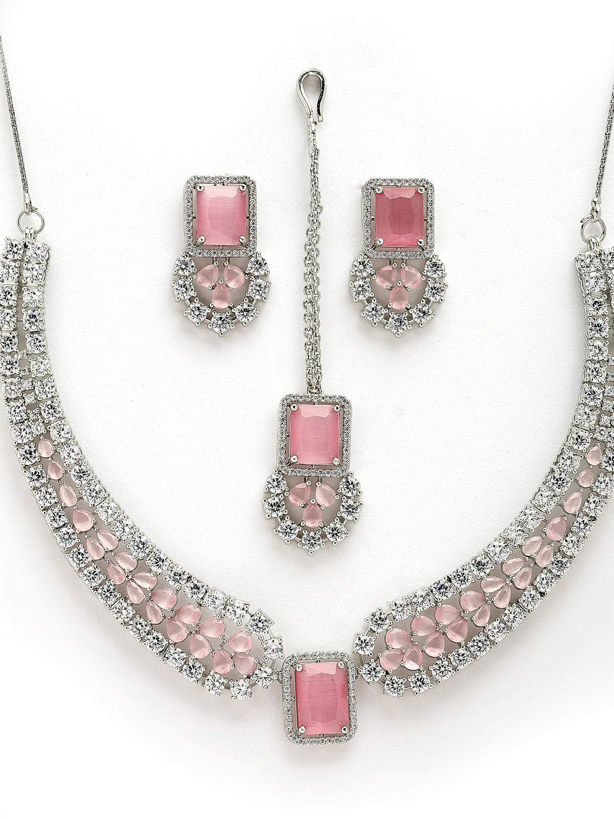 Sukkhi Preety Pink Stylish Rhodium Plated Cubic Zirconia Diamond Studded Brass Collar Necklace with Studs Earring & Maangtikka Jewellery Set for Women|Latest Stylish Gifts for All Occasions|NS115974