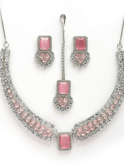 Sukkhi Preety Pink Stylish Rhodium Plated Cubic Zirconia Diamond Studded Brass Collar Necklace with Studs Earring & Maangtikka Jewellery Set for Women|Latest Stylish Gifts for All Occasions|NS115974