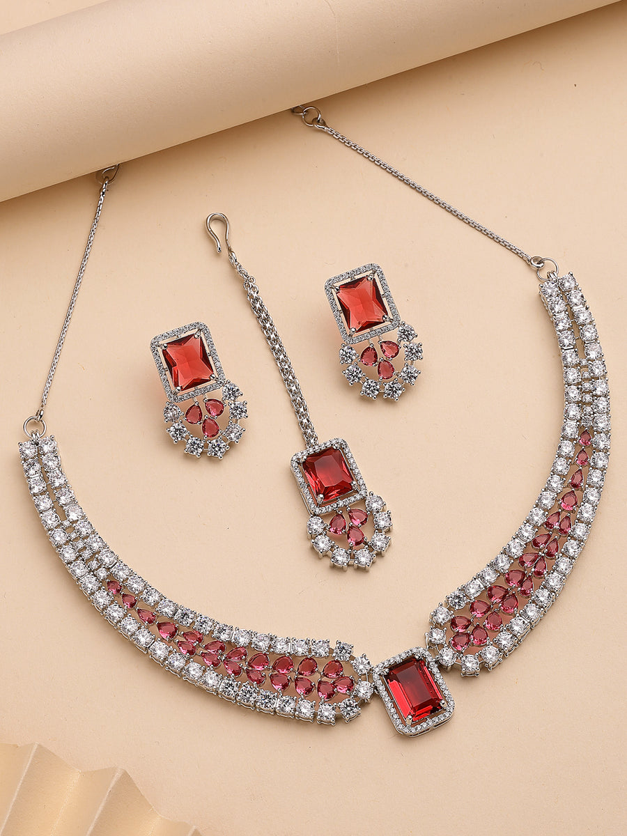 Sukkhi Charming Fashionable Rhodium Plated Red Cubic Zirconia Studded Brass Collar Necklace with Studs Earring & Maangtikka Jewellery Set for Women|Latest Stylish Gifts for All Occasions|NS115975