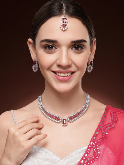 Sukkhi Charming Fashionable Rhodium Plated Red Cubic Zirconia Studded Brass Collar Necklace with Studs Earring & Maangtikka Jewellery Set for Women|Latest Stylish Gifts for All Occasions|NS115975