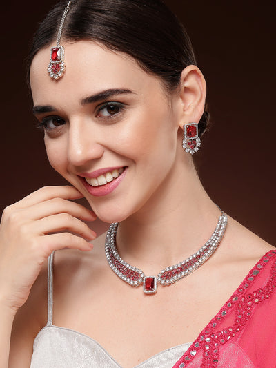 Sukkhi Charming Fashionable Rhodium Plated Red Cubic Zirconia Studded Brass Collar Necklace with Studs Earring & Maangtikka Jewellery Set for Women|Latest Stylish Gifts for All Occasions|NS115975