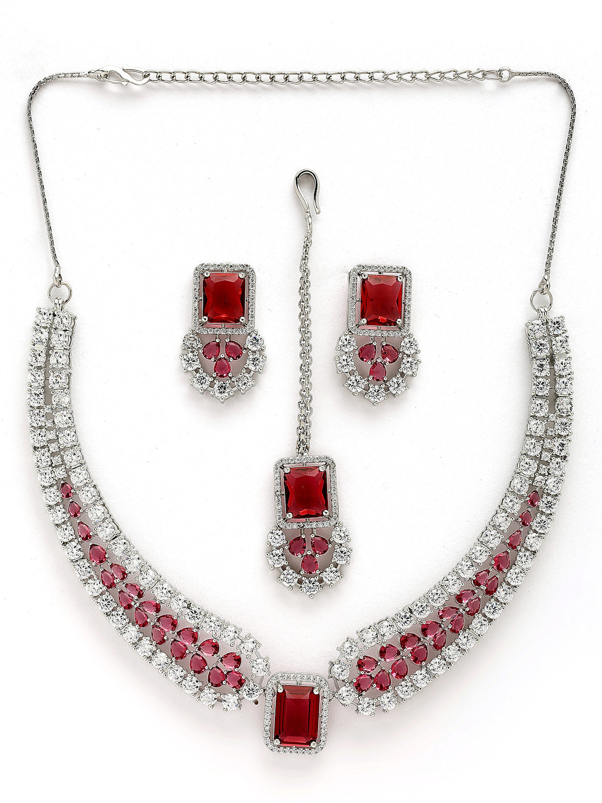 Sukkhi Charming Fashionable Rhodium Plated Red Cubic Zirconia Studded Brass Collar Necklace with Studs Earring & Maangtikka Jewellery Set for Women|Latest Stylish Gifts for All Occasions|NS115975