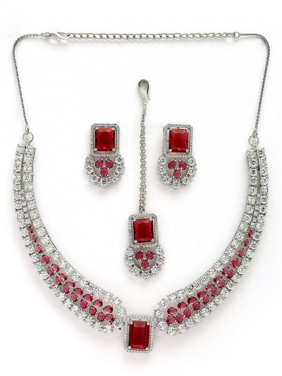 Sukkhi Charming Fashionable Rhodium Plated Red Cubic Zirconia Studded Brass Collar Necklace with Studs Earring & Maangtikka Jewellery Set for Women|Latest Stylish Gifts for All Occasions|NS115975