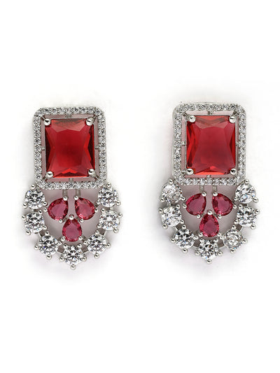 Sukkhi Charming Fashionable Rhodium Plated Red Cubic Zirconia Studded Brass Collar Necklace with Studs Earring & Maangtikka Jewellery Set for Women|Latest Stylish Gifts for All Occasions|NS115975