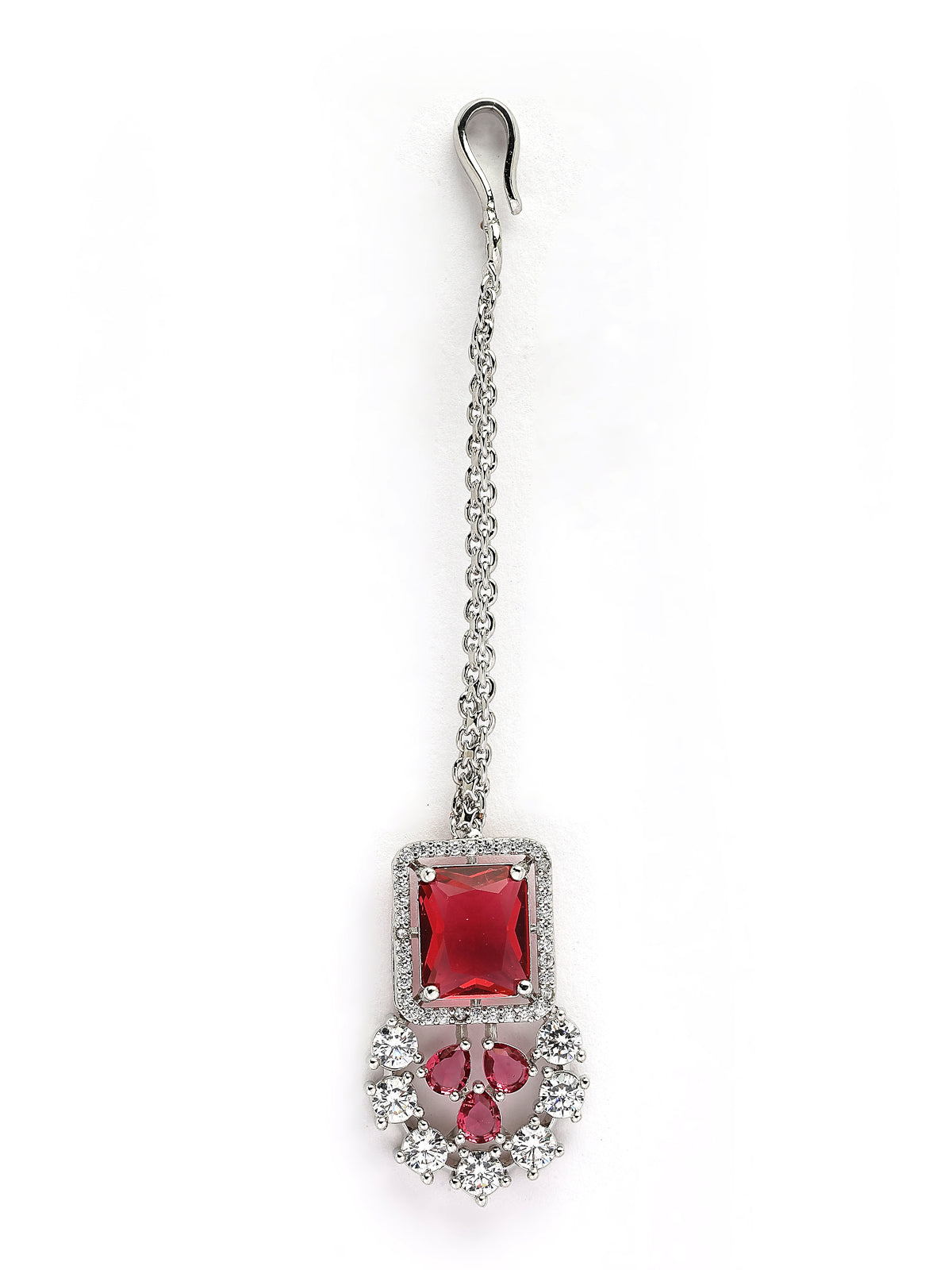 Sukkhi Charming Fashionable Rhodium Plated Red Cubic Zirconia Studded Brass Collar Necklace with Studs Earring & Maangtikka Jewellery Set for Women|Latest Stylish Gifts for All Occasions|NS115975