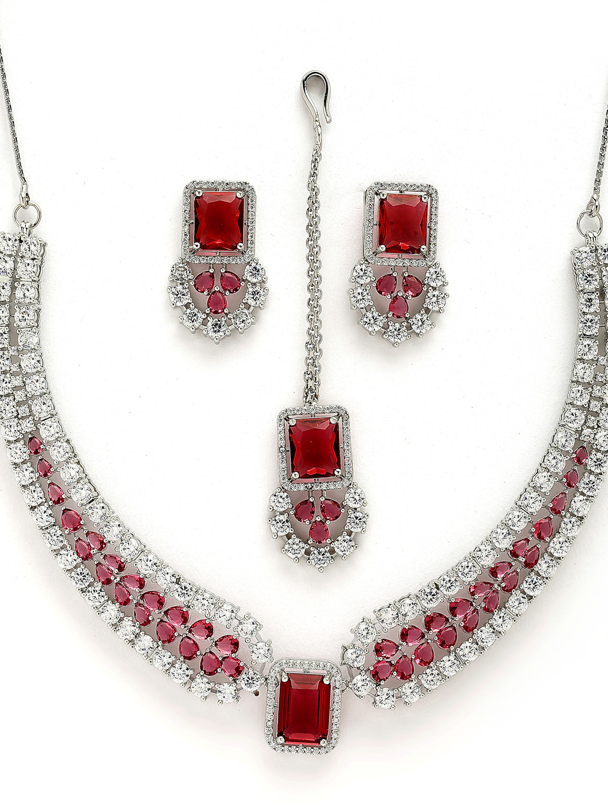 Sukkhi Charming Fashionable Rhodium Plated Red Cubic Zirconia Studded Brass Collar Necklace with Studs Earring & Maangtikka Jewellery Set for Women|Latest Stylish Gifts for All Occasions|NS115975