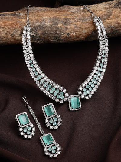 Sukkhi Elegant Style Rhodium Plated Cubic Zirconia Studded Mint Green Brass Collar Necklace with Studs Earring & Maangtikka Jewellery Set for Women|Latest Stylish Gifts for All Occasions|NS115976
