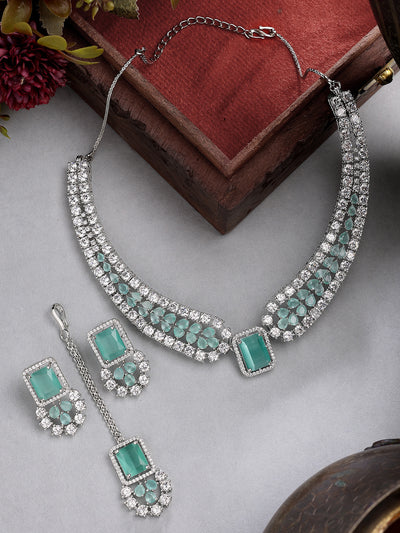 Sukkhi Elegant Style Rhodium Plated Cubic Zirconia Studded Mint Green Brass Collar Necklace with Studs Earring & Maangtikka Jewellery Set for Women|Latest Stylish Gifts for All Occasions|NS115976