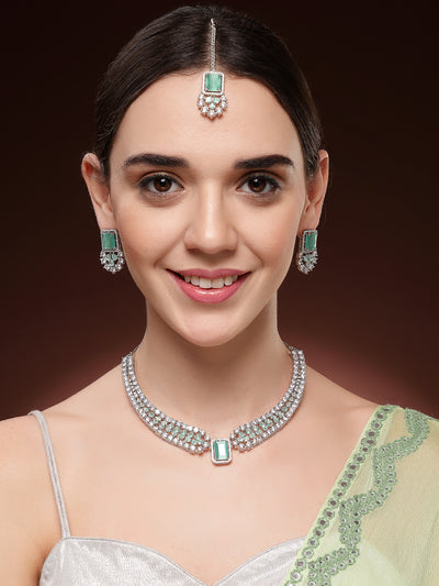 Sukkhi Elegant Style Rhodium Plated Cubic Zirconia Studded Mint Green Brass Collar Necklace with Studs Earring & Maangtikka Jewellery Set for Women|Latest Stylish Gifts for All Occasions|NS115976