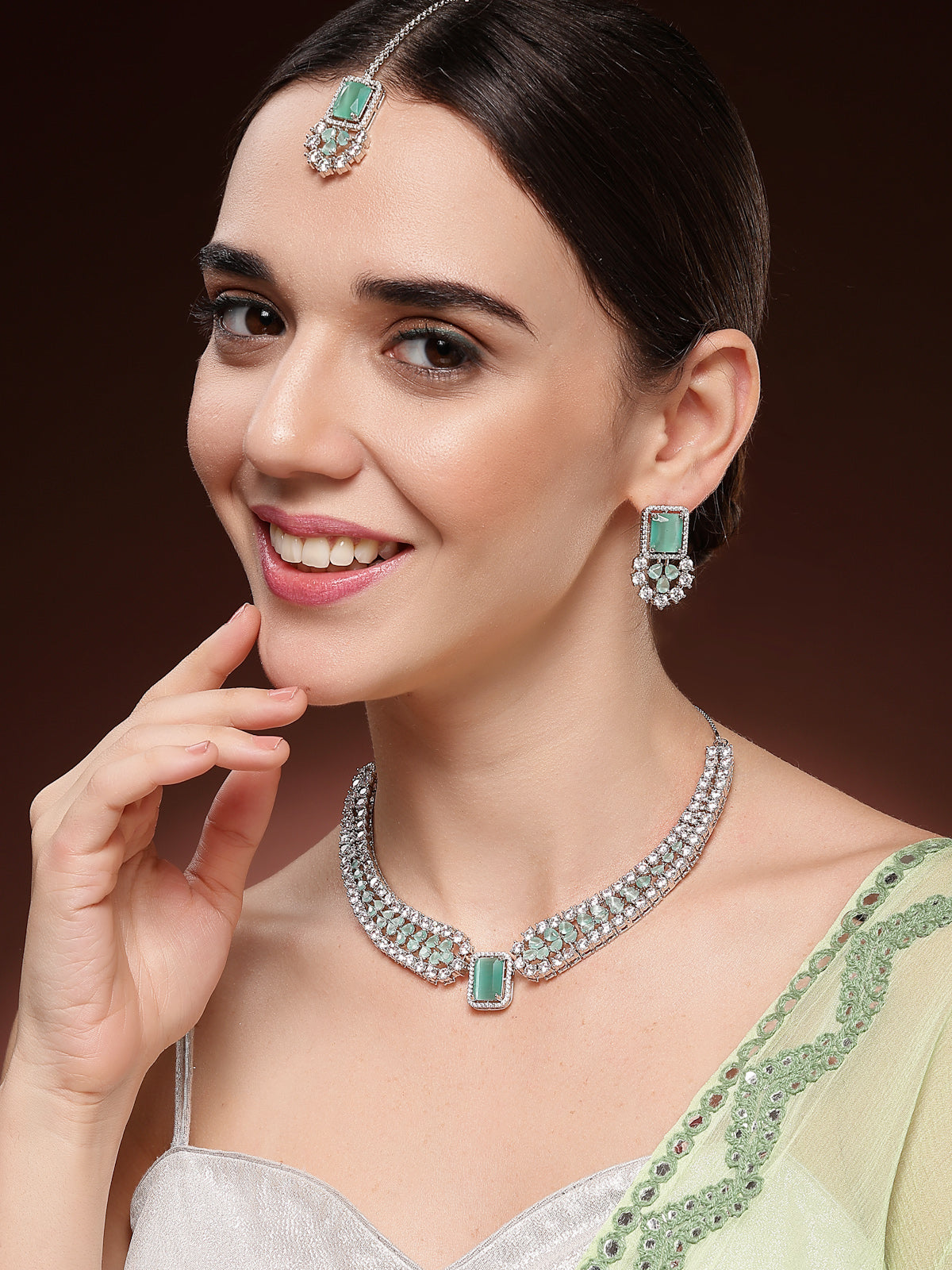 Sukkhi Elegant Style Rhodium Plated Cubic Zirconia Studded Mint Green Brass Collar Necklace with Studs Earring & Maangtikka Jewellery Set for Women|Latest Stylish Gifts for All Occasions|NS115976
