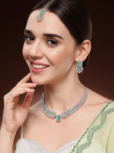 Sukkhi Elegant Style Rhodium Plated Cubic Zirconia Studded Mint Green Brass Collar Necklace with Studs Earring & Maangtikka Jewellery Set for Women|Latest Stylish Gifts for All Occasions|NS115976