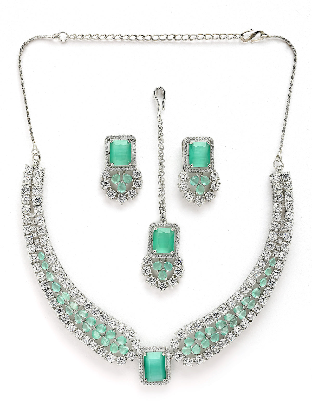 Sukkhi Elegant Style Rhodium Plated Cubic Zirconia Studded Mint Green Brass Collar Necklace with Studs Earring & Maangtikka Jewellery Set for Women|Latest Stylish Gifts for All Occasions|NS115976