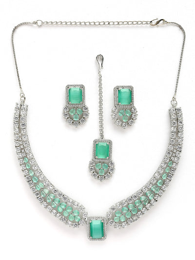 Sukkhi Elegant Style Rhodium Plated Cubic Zirconia Studded Mint Green Brass Collar Necklace with Studs Earring & Maangtikka Jewellery Set for Women|Latest Stylish Gifts for All Occasions|NS115976